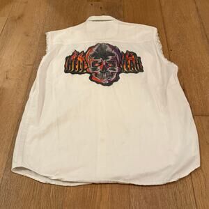 Bikers World White Jean Vest – Hell Yeah Skull Design – Y2K Biker – Size L